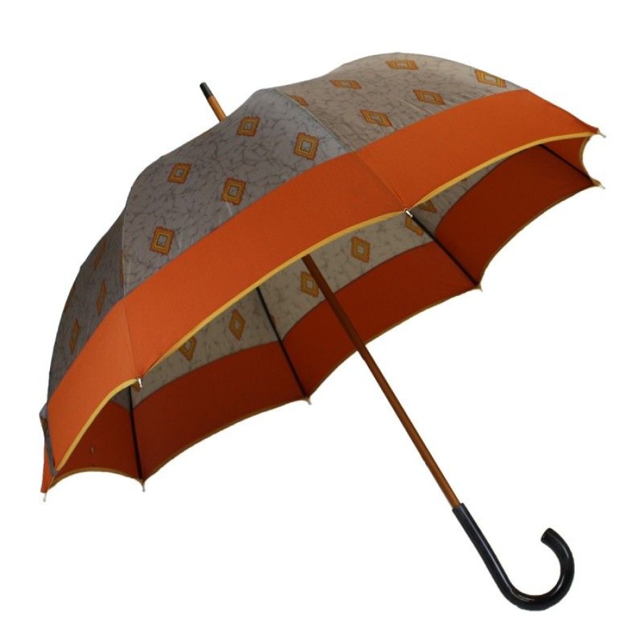 H2O Parapluies Limited Edition Umbrellas | Marble Grey Long Umbrella With Orange Lozenge Pattern