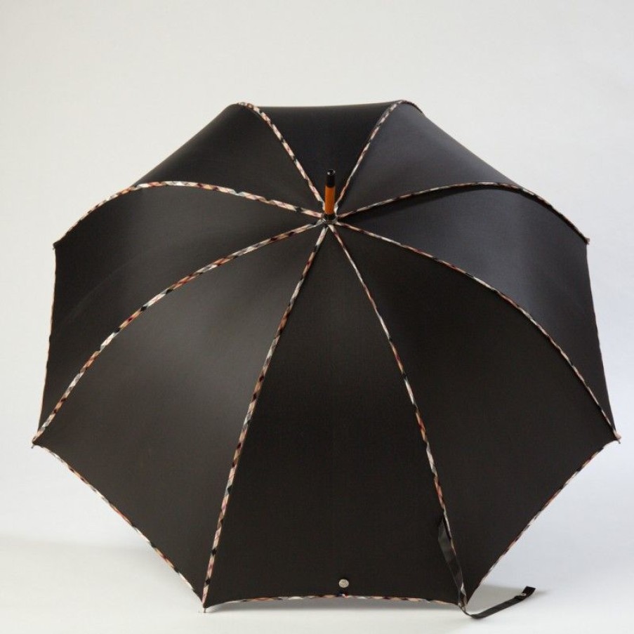 H2O Parapluies Scottish Umbrellas | Long Cane Umbrella - Crepon - Black With Scottish Beige Bias