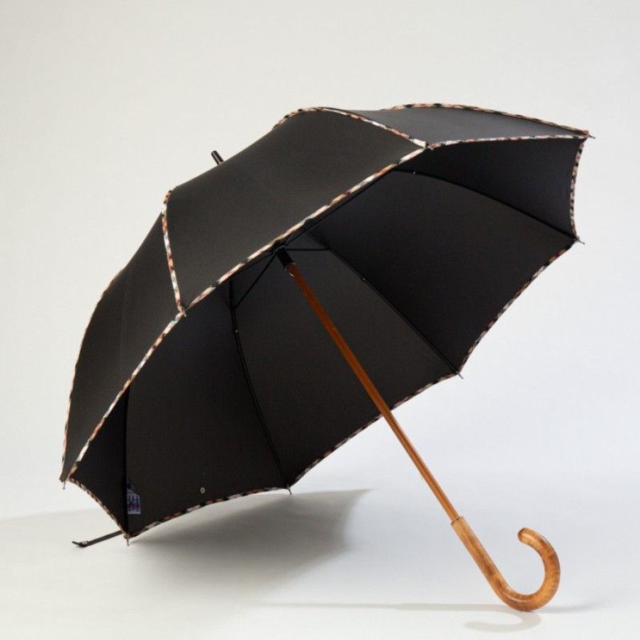 H2O Parapluies Scottish Umbrellas | Long Cane Umbrella - Crepon - Black With Scottish Beige Bias