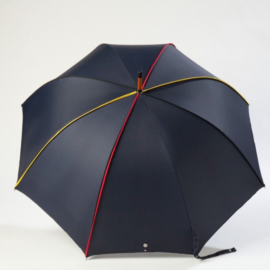 H2O Parapluies Umbrella Crepon | Long Cane Umbrella - Crepon - Navy Blue With Belgian Bias Black, Yellow, Red