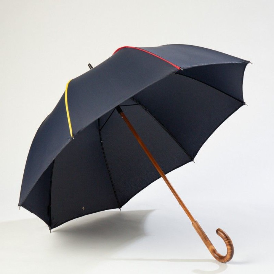 H2O Parapluies Umbrella Crepon | Long Cane Umbrella - Crepon - Navy Blue With Belgian Bias Black, Yellow, Red