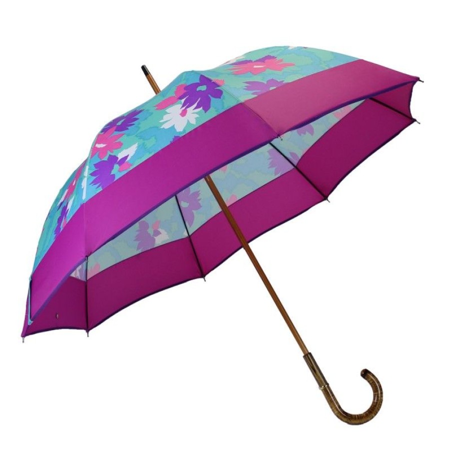 H2O Parapluies Limited Edition Umbrellas | Long Umbrella Turquoise Flowers Flashy Pink Band