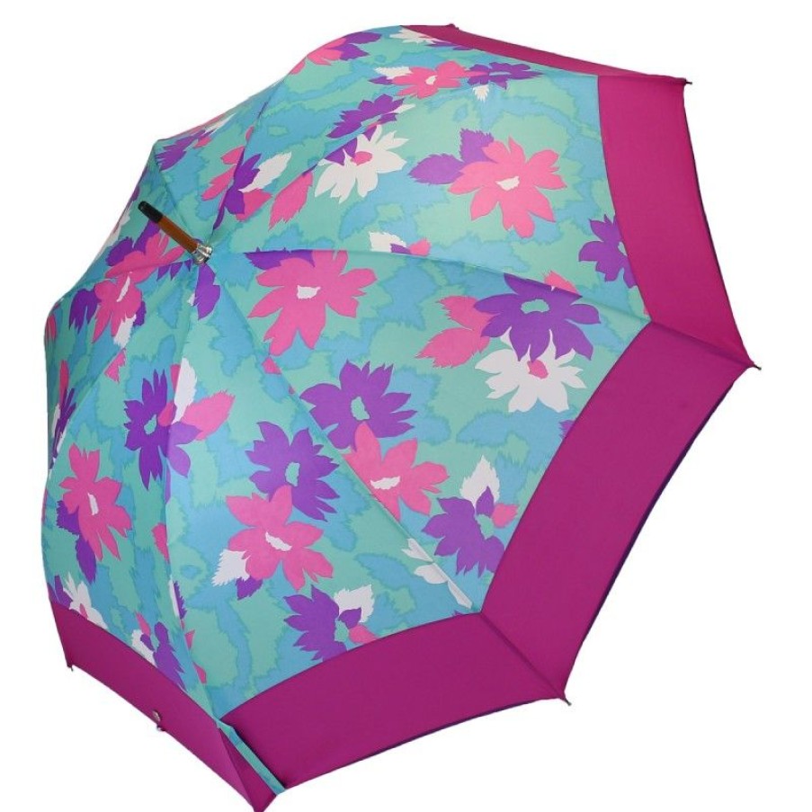 H2O Parapluies Limited Edition Umbrellas | Long Umbrella Turquoise Flowers Flashy Pink Band