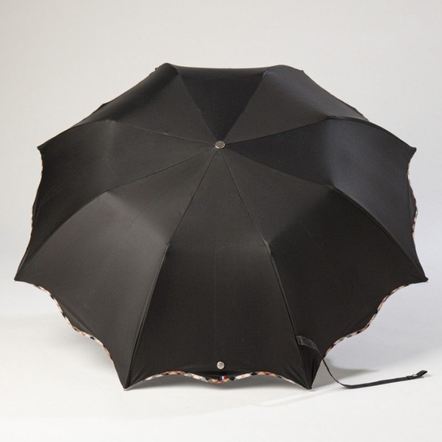 H2O Parapluies Folding Umbrellas | Folding Wave Umbrella - Cabourg - Black With Tartan Beige Bias