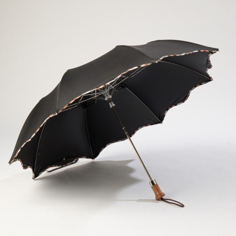 H2O Parapluies Folding Umbrellas | Folding Wave Umbrella - Cabourg - Black With Tartan Beige Bias