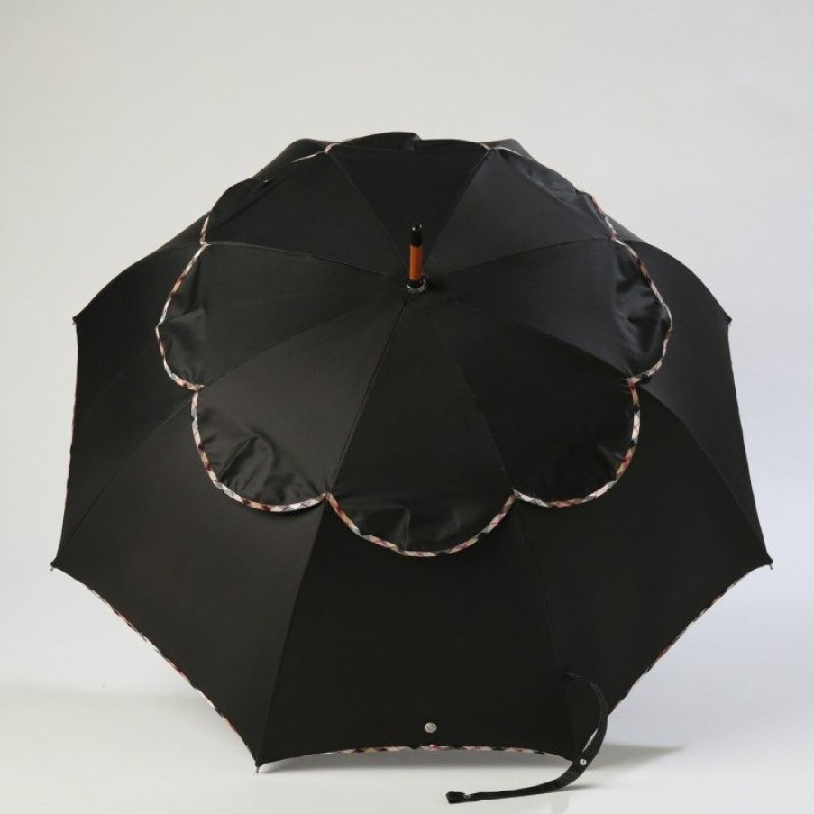 H2O Parapluies Classic Umbrellas | Classic Stick Passvent Umbrella - La Hague - Black With Beige Tartan Bias