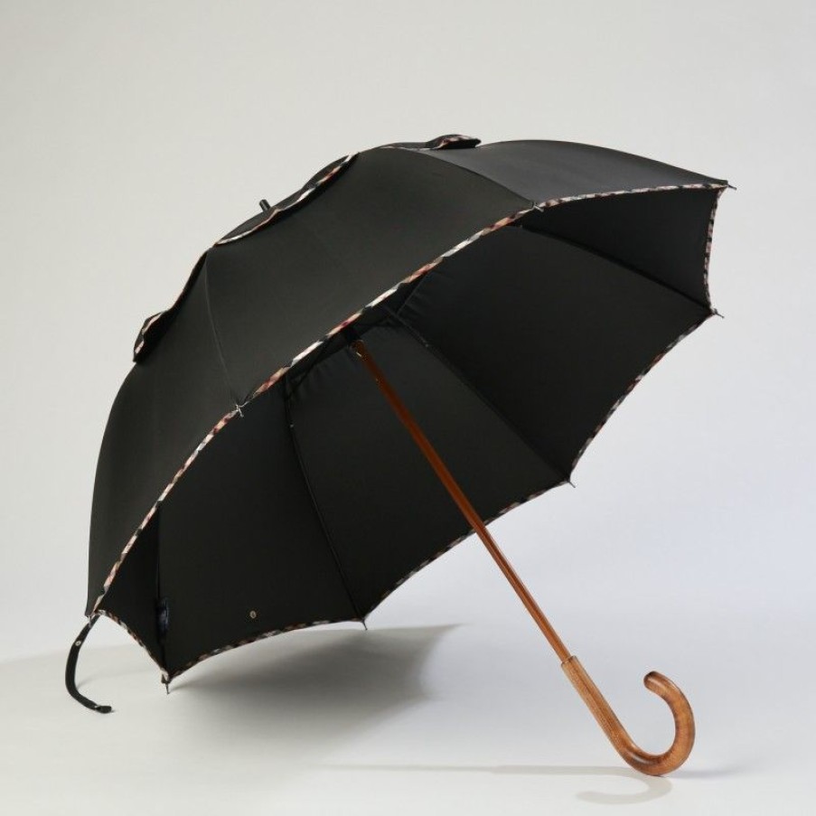 H2O Parapluies Classic Umbrellas | Classic Stick Passvent Umbrella - La Hague - Black With Beige Tartan Bias