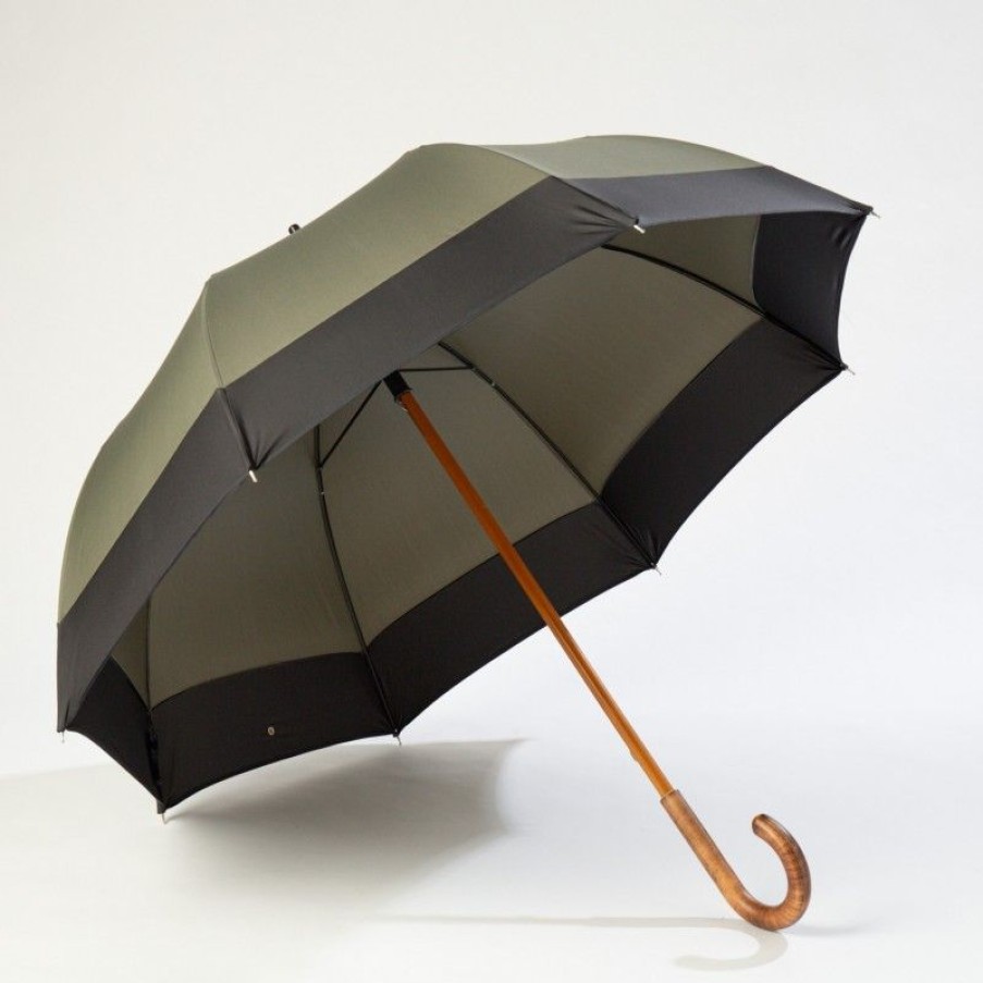 H2O Parapluies Half Golf Umbrellas | Large Umbrella - Deauville - Kaki With Black Stripe