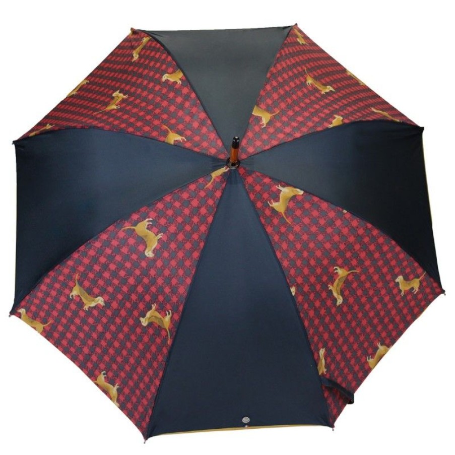 H2O Parapluies Scottish Umbrellas | Black And Red Medium Umbrella With Teak Designs