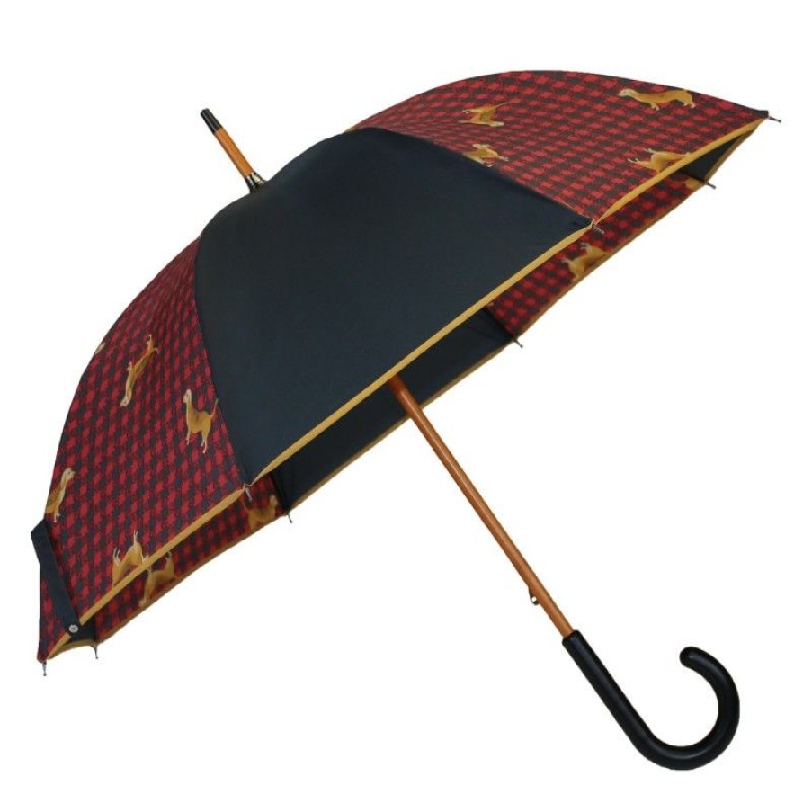 H2O Parapluies Scottish Umbrellas | Black And Red Medium Umbrella With Teak Designs