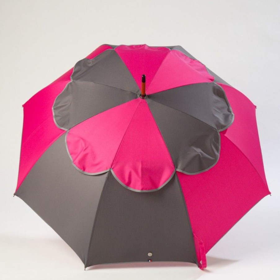 H2O Parapluies Anti-Rollover Umbrellas | Classic Stick Passvent Umbrella - La Hague - Grey And Raspberry Grey Bias