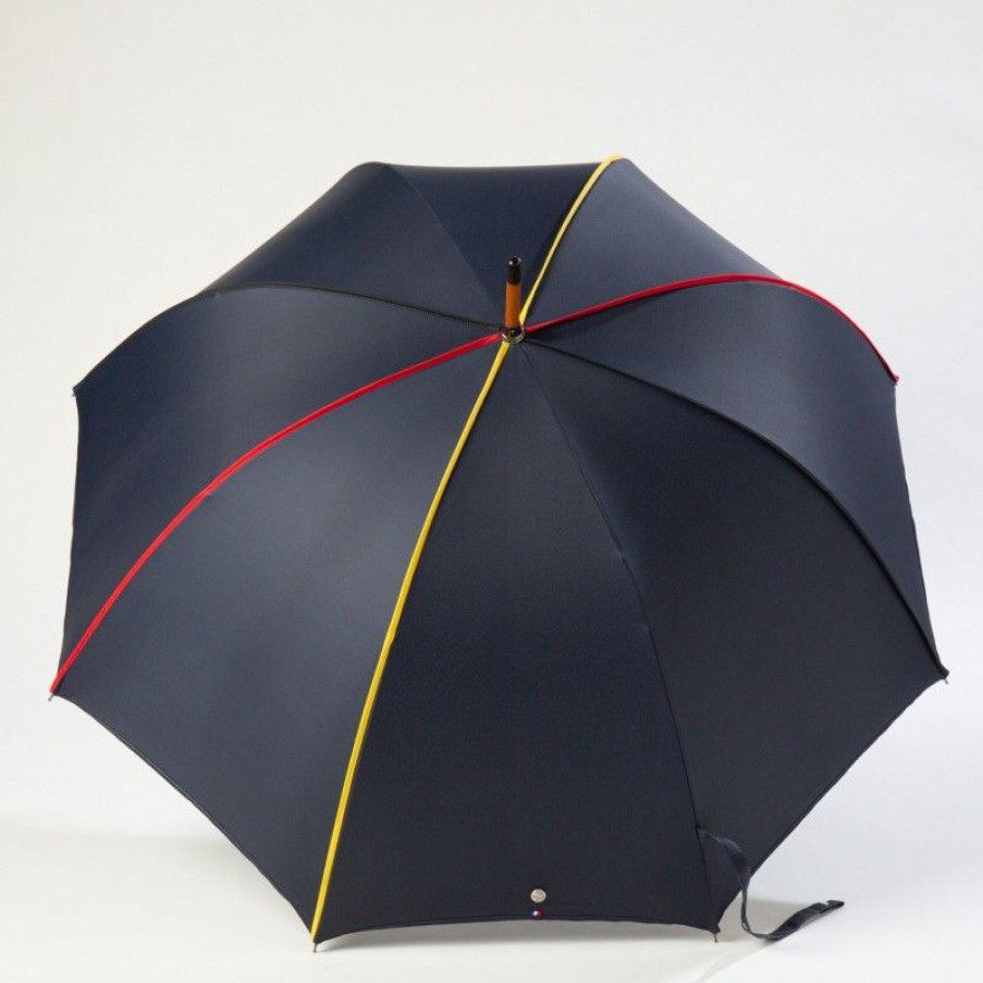 H2O Parapluies Umbrella Crepon | Long Cane Umbrella - Crepon - Navy Blue With German Bias Black, Red, Yellow