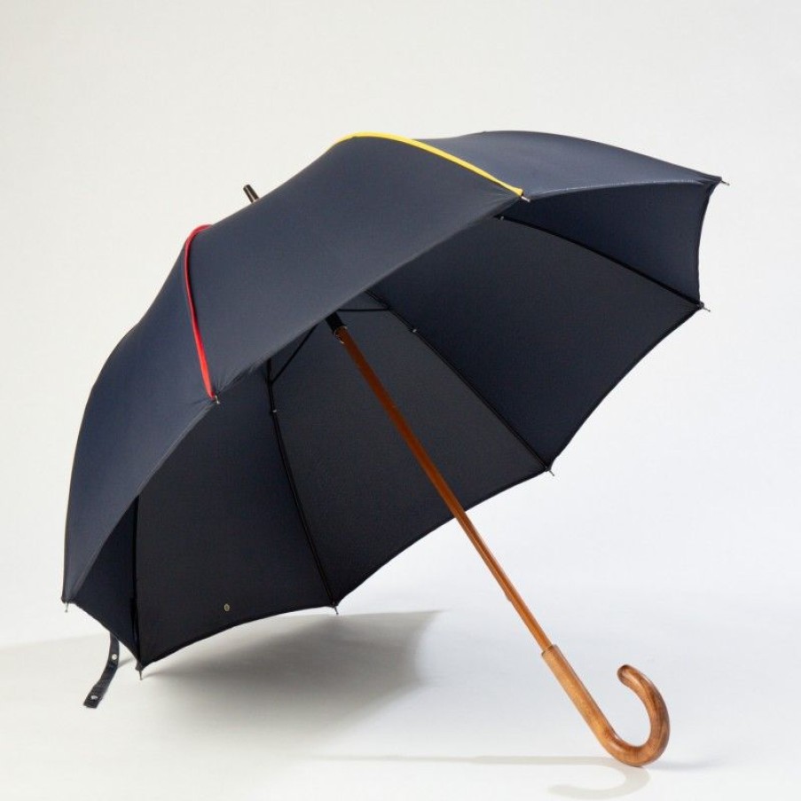 H2O Parapluies Umbrella Crepon | Long Cane Umbrella - Crepon - Navy Blue With German Bias Black, Red, Yellow