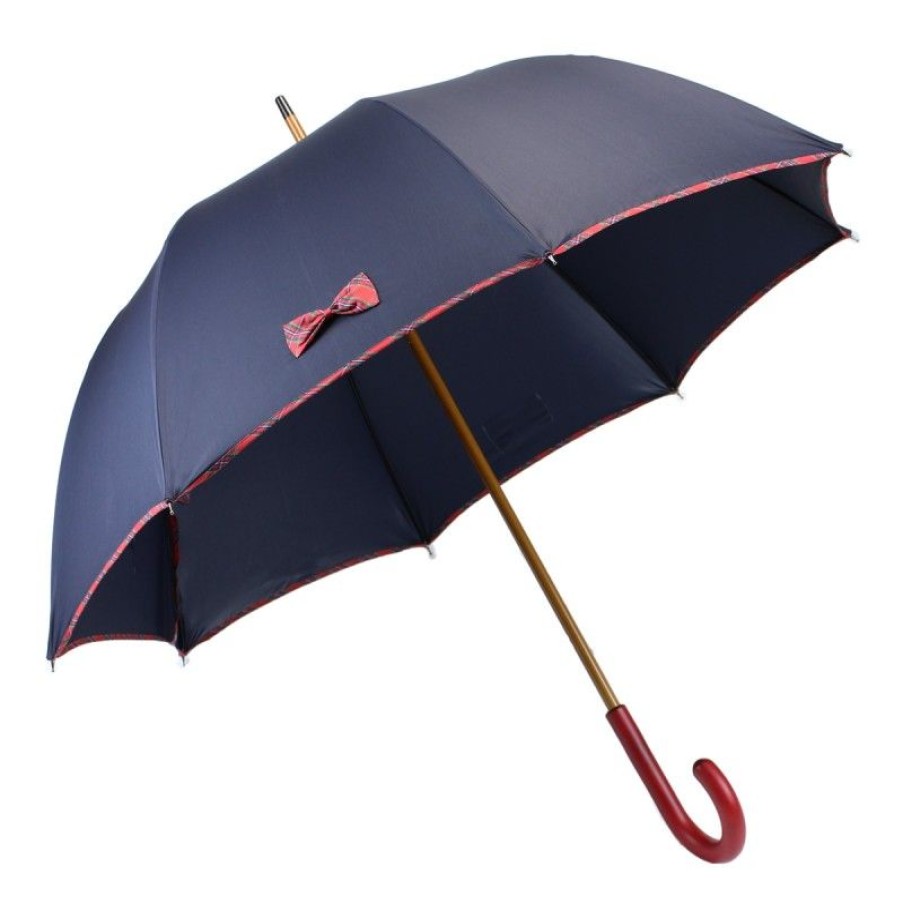 H2O Parapluies Petits Noeuds Umbrellas | Navy Blue Long Umbrella With Small Tartan Knots