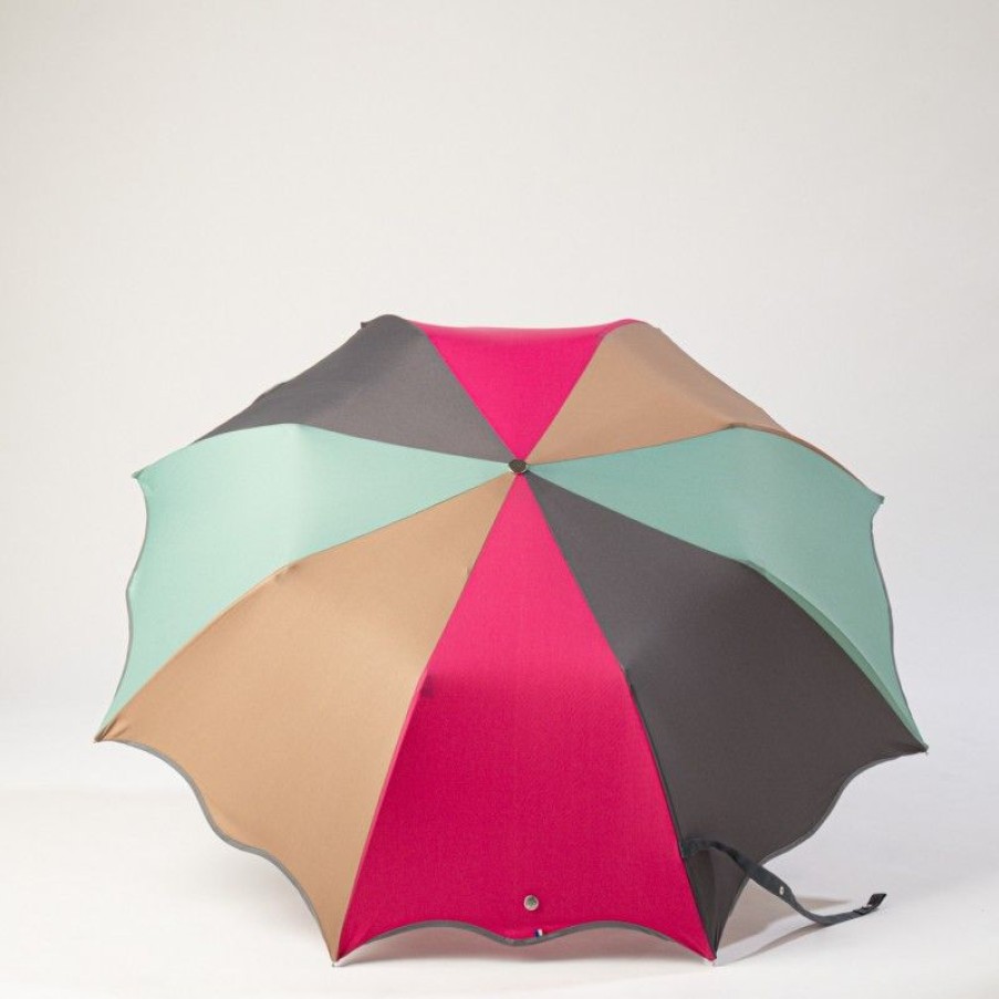 H2O Parapluies Folding Umbrellas | Folding Wave Umbrella - Cabourg - Grey, Raspberry, Emerald And Kamel Bias Grey