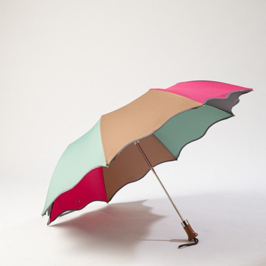 H2O Parapluies Folding Umbrellas | Folding Wave Umbrella - Cabourg - Grey, Raspberry, Emerald And Kamel Bias Grey