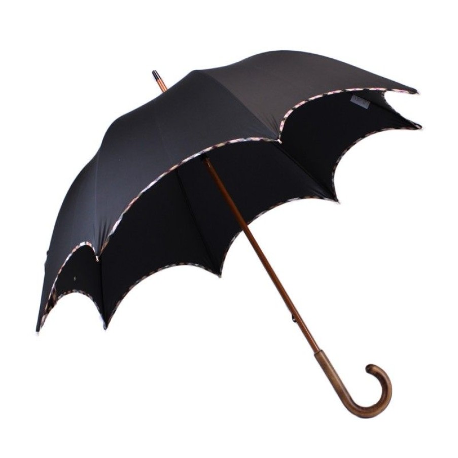 H2O Parapluies Les Chics Umbrellas | Black Chic Long Umbrella With Beige Tartan Bias