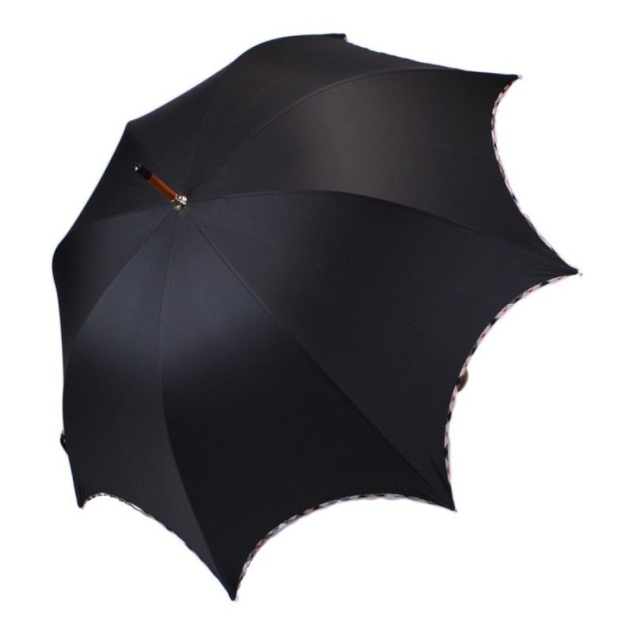 H2O Parapluies Les Chics Umbrellas | Black Chic Long Umbrella With Beige Tartan Bias